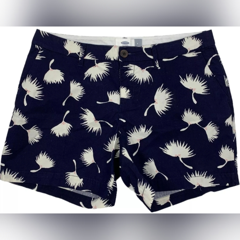 Old Navy Blue & White Crane Print Mid Rise Chino Shorts Size 12 Pre-owned Excell